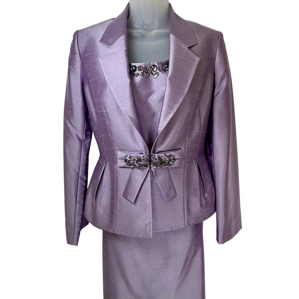 Tahari ASL Lux Lilac Lavender Skirt Suit 3 Pc Blazer Top Embellished Beaded Sz 4 - Picture 2 of 13